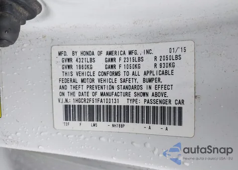 2015 Honda Accord Sport из США, поврежденный, VIN 1HGCR2F51FA100131